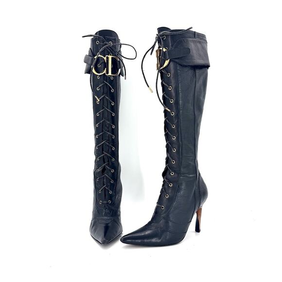 Vintage Christian Dior Fall 2000 CD Croc Emboss Pointed Toe Knee High Boots 37.5 - Picture 2 of 8